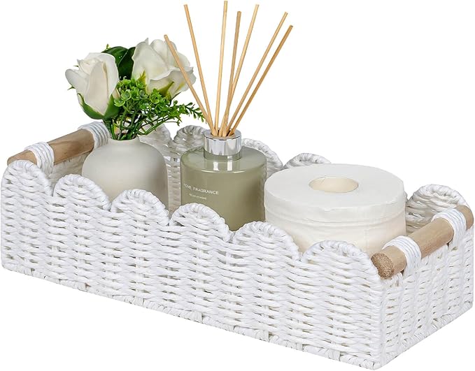 CubesLand Scalloped Edge Toilet Paper Storage Basket, Living Room Home Cozy Decor Basket, Paper Rope Small Baskets for Over Toilet Storage Shelf, Shelves, with 2 Wooden Handles, White