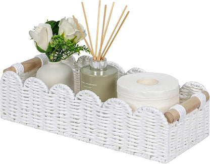 CubesLand Scalloped Edge Toilet Paper Storage Basket, Living Room Home Cozy Decor Basket, Paper Rope Small Baskets for Over Toilet Storage Shelf, Shelves, with 2 Wooden Handles, White