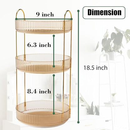 Rotating Makeup Organizer Countertop 3 Tier Lazy Susan Clear Skincare Perfume Storage for Bathroom Counter Vanity, Amber Gold