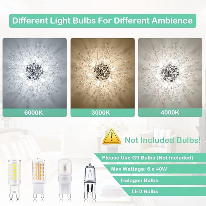 HMVPL Crystal Sputnik Firework Close to Ceiling Light, Modern LED Lamp for Bedroom, Kitchen, Island, Entryway, Hallway, Foyer