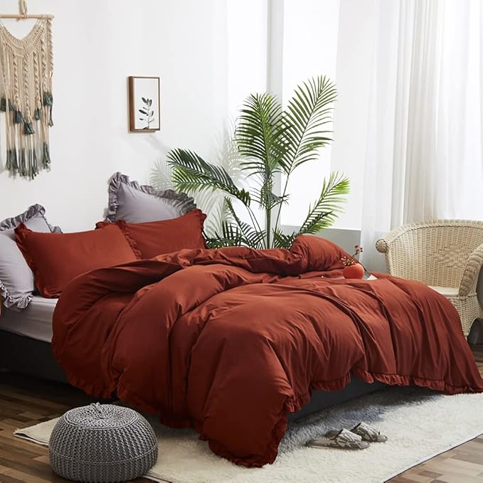 CLOTHKNOW Rust Ruffles King Size Comforter Set Farmhouse Bedding Comforter Sets Burnt Orange Comforter Soft Shabby Chic Comforter Vintage Rustic Bedding Sets
