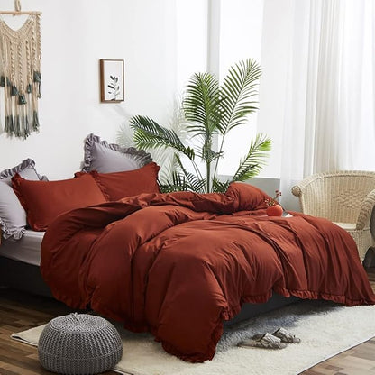CLOTHKNOW Rust Ruffles King Size Comforter Set Farmhouse Bedding Comforter Sets Burnt Orange Comforter Soft Shabby Chic Comforter Vintage Rustic Bedding Sets