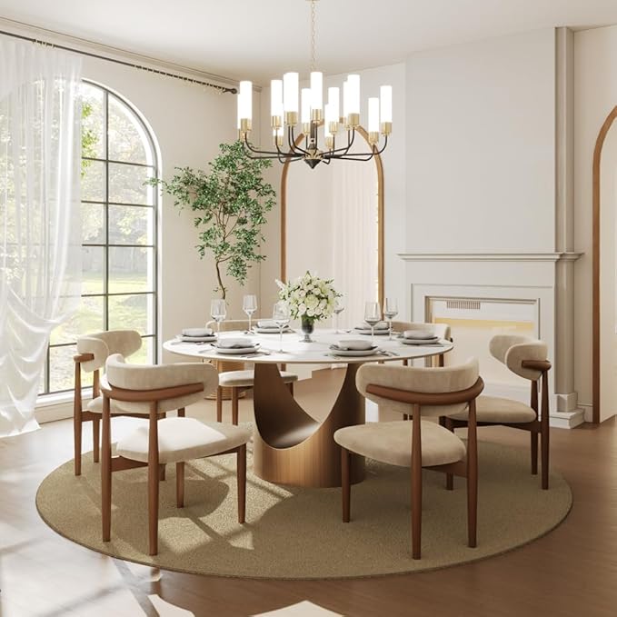 POVISON Round Dining Table, 59" Matte White Sintered Stone Top Dining Table with Bronze Carbon Steel Pedestal, Modern Dining Room Table for Kitchen, Living Room (Table Only)