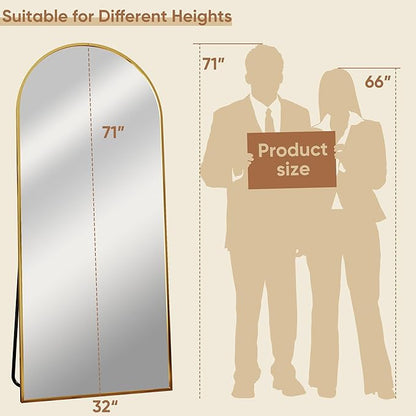 Full Length Mirror, 71"x32" Oversized Arched Large Standing, Tall Body Floor Mirror Wall Hanging for Bedroom Living Room Aluminum Frame,Gold