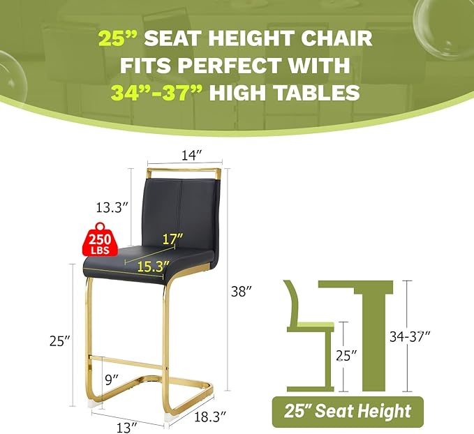 Counter Height Bar Stools Set of 6,Bar Stools with Back,25" Black Island Chairs with Gold Chrome Plated Metal Leg,Faux Leather Barstools for Pub Kitchen Counter Dining Chair