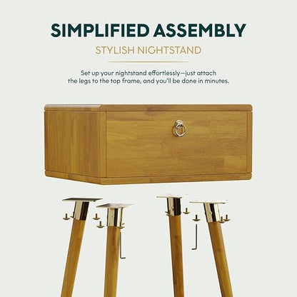 Bme Alden Wood Nightstand, Solid Wood End Table, Mid Century Modern Nightstand, Side Table with 1 Drawer, Compact for Bedroom, Living Room & Study Room, Easy Assembly, Golden Natural