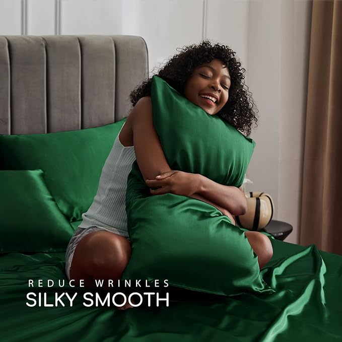 MR&HM Satin Bed Sheets, Twin Size Sheets Set, 3 Pcs Silky Bedding Set with 15 Inches Deep Pocket for Mattress (Twin, Dark Green)