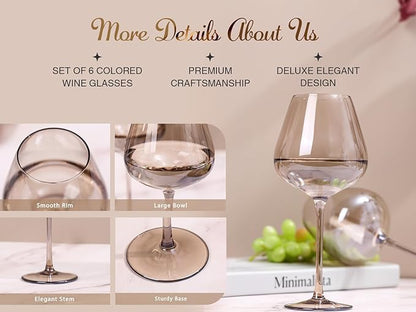Physkoa 2025 Trendy Mocha Mousse Color Wine Glasses Set 6-18oz Long Stem Amber Smokey Wine Glasses-Hand Blown Mocha Stemware for Home Party
