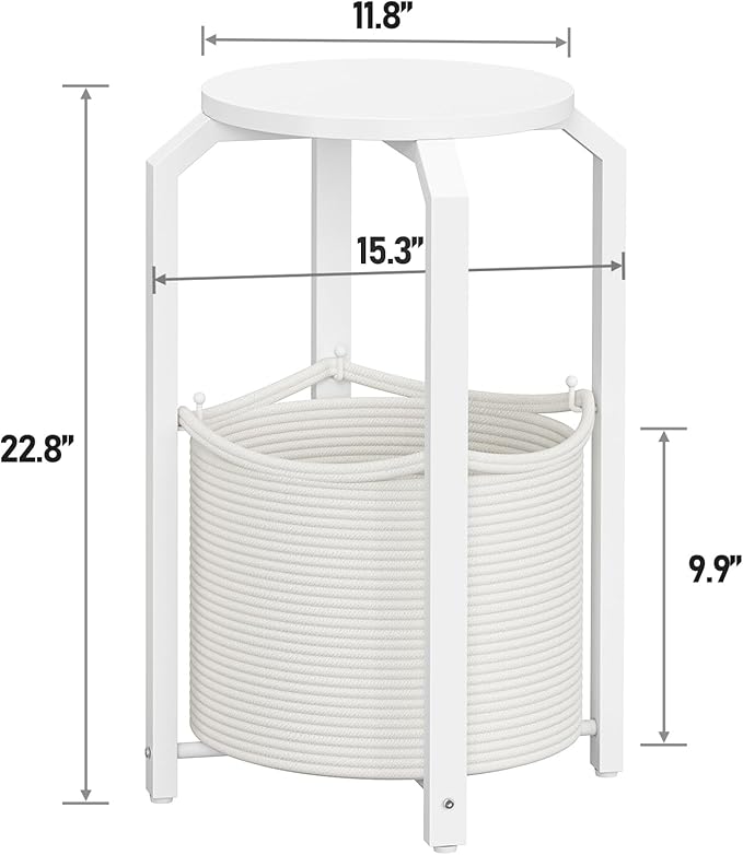 TUTOTAK Small Side Table, Round End Table, Night Stand, Bedside Table, Sofa Table with Storage Basket, Living Room, Bed Room, White TB01BW092