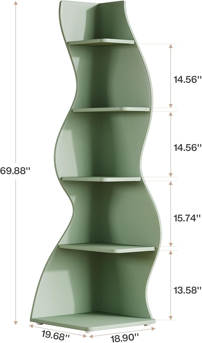 Tribesigns Wavy Corner Shelf, Modern 5-Tier Bookshelf Bookcase with Curvy Shape, Unique Plant Stand Display Rack for Living Room Small Space (Green)