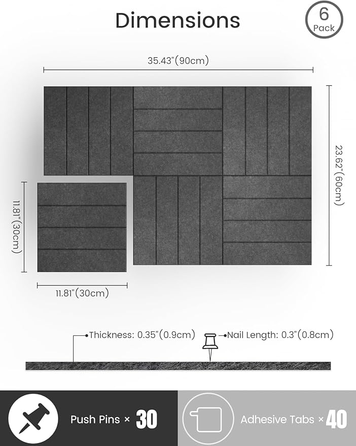 Bumusty Large Cork Board Alternative-36 x24 Felt Bulletin Board Tiles, with 30 Pushpins, 40 Adhesive Tabs, 6-Pack Slat Wall Paneling, Cork Boards for Office Push Pin Board Felt Board-Charcoal Gray