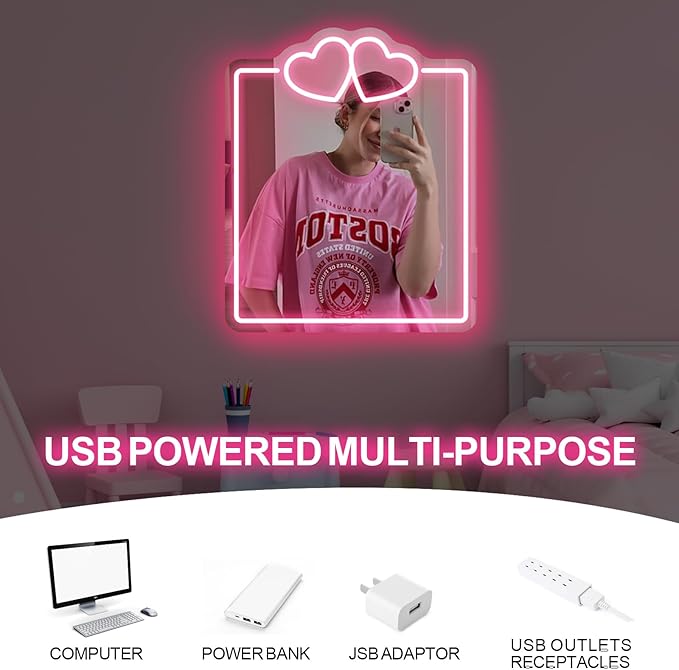 Heart Mirror Neon Sign, Beauty Salon Mirror Decor, Dorm Room, Valentine's Day Gifts,Gifts For Her, Vanity Wall Hallway Decor, Girls Room, Boho Mirror Wall Sign Art Gift