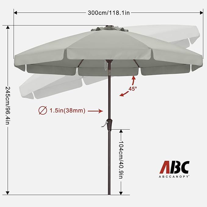 ABCCANOPY 10ft Scalloped Patio Umbrella, Outdoor Table Umbrella with Tilt and Crank, Fiberglass Ribs Deck Umbrella for Patio, Pool, Garden, Picnic (Light Gray)