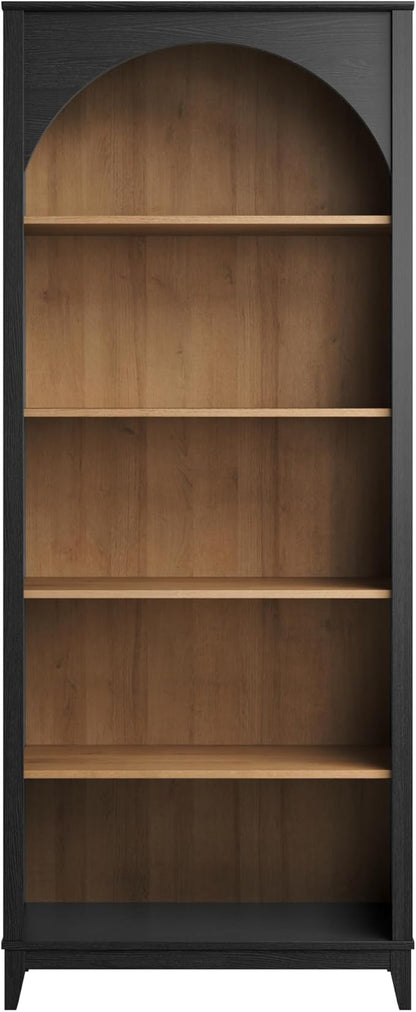 Prepac Ark 78" Tall 5-Tier Arched Bookcase, Black Oak with Oak Finish Interior, Modern Storage Accent Bookshelf with 3 Adjustable Shelves for Home, Office, Living Room, Bedroom