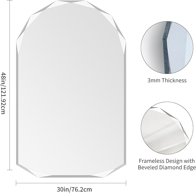 KOCUUY 30"x48" Frameless Wall Mirror, Arched Shape with Diamond-Shaped Beveled Edge,Unframed Decorative with Upgraded Shatterproof Glass,Unique Frameless Mirror for Bathroom,Living Room,Bedroom