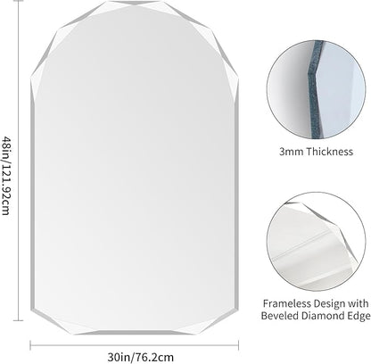 KOCUUY 30"x48" Frameless Wall Mirror, Arched Shape with Diamond-Shaped Beveled Edge,Unframed Decorative with Upgraded Shatterproof Glass,Unique Frameless Mirror for Bathroom,Living Room,Bedroom