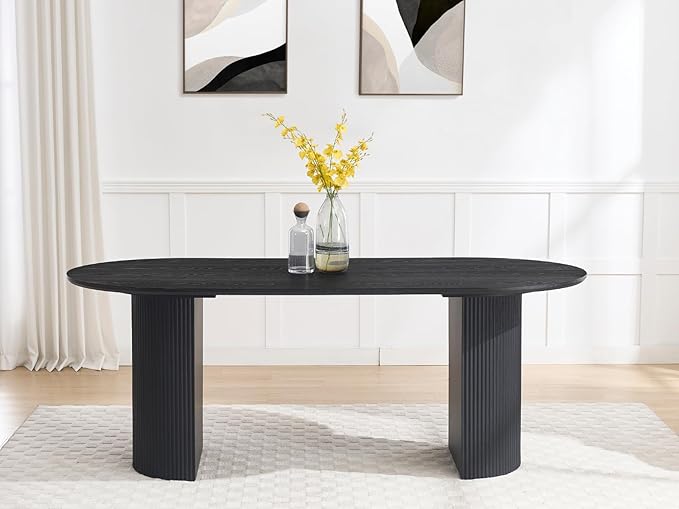 79" Modern Oval Dining Table, Farmhouse Round Wood Kitchen & Dining Room Table for 4-6 Seats, Wooden Strip Base, Home Desk with Easy-Clean Tabletop, Black