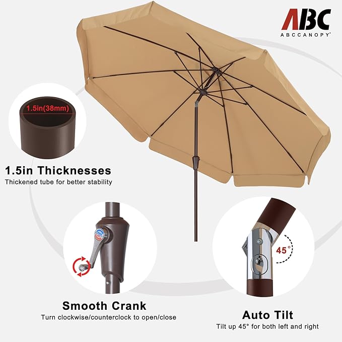 ABCCANOPY 11ft Scalloped Patio Umbrella, Outdoor Table Umbrella with Tilt and Crank, Fiberglass Ribs Deck Umbrella for Patio, Pool, Garden, Picnic (Khaki)