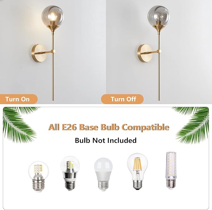 KCO Lighting Smoke Gray Glass Globe Wall Sconce Modern Gold Long Pole Wall Lighting Mid Century Vintage Bathroom Light Fixture Sconce Brass Bar Wall Lamp