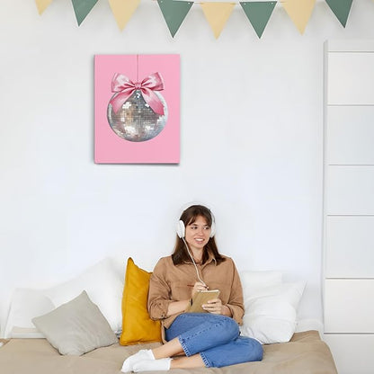 APJYM Pink Coquette Room Decor, Funky Y2K Disco Ball Preppy Wall Art, Preppy Room Decor, Trendy Retro Pink Aesthetic Posters Wall Decor for Teen Girls Bedroom Dorm Apartment Decor, 11x14 Inches Framed