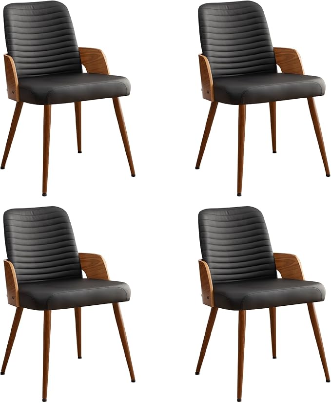Dining Room Chairs Set of 4,Mid Century Modern Kitchen Chairs,Upholstered Faux Leather Chairs,Metal Legs Wooden Desk Chairs,Armless and No Wheels for Kitchen Dining Living Room,Black