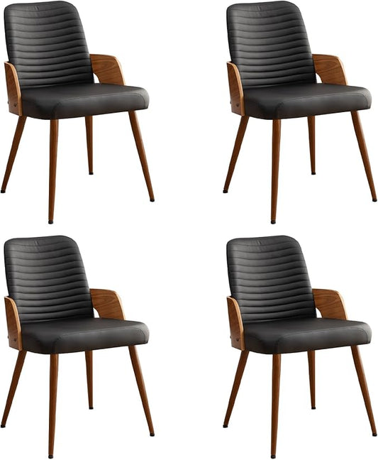 Dining Room Chairs Set of 4,Mid Century Modern Kitchen Chairs,Upholstered Faux Leather Chairs,Metal Legs Wooden Desk Chairs,Armless and No Wheels for Kitchen Dining Living Room,Black