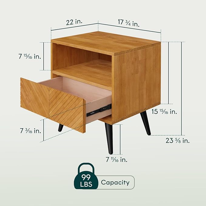 Bme Rhombus Wooden Nightstand with Storage Drawer – Solid Acacia Wood, Geometric Rhombus Pattern Front, Modern Scandinavian Side Table with Metal Base for Bedroom