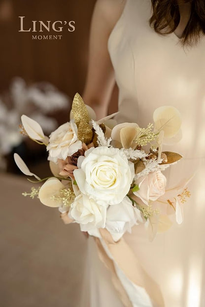 Ling's moment Artificial Flowers Boho Bridesmaid Bouquet, White Beige Wedding Flowers Bouquets for Bridesmaids, 7 Inch Bridal Bouquets for Bridesmaids, Wedding, Ceremony, Anniversary, etc