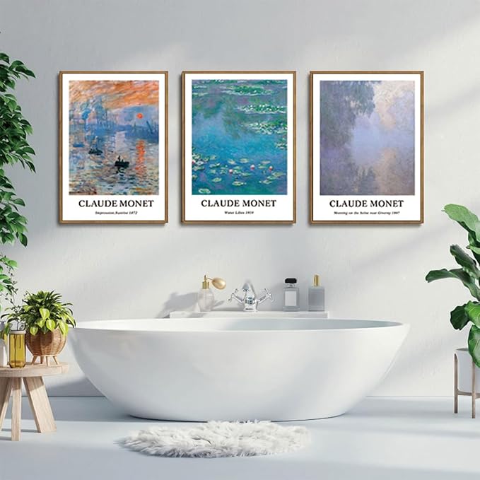 ILLBDR Claude Monet Water Lilies Framed Wall Art Vintage Aesthetic Canvas Wall Art Set of 3 Impressionist Botanical Prints Artwork Minimalist Classic Pictures Decor for Bedroom Living Room 16x24 Inch