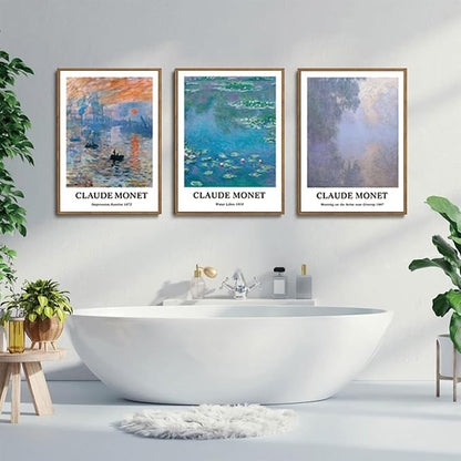 ILLBDR Claude Monet Water Lilies Framed Wall Art Vintage Aesthetic Canvas Wall Art Set of 3 Impressionist Botanical Prints Artwork Minimalist Classic Pictures Decor for Bedroom Living Room 16x24 Inch