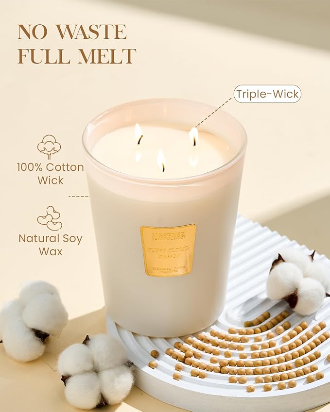 M&SENSE Puffy Cloud Dream Scented Candle, 35oz Extra Large 3 Wick Natural Soy Wax, 150 Hours Long Lasting Slow Burning, Candles Gift for Fall Winter Festival Housewarming Home Decor