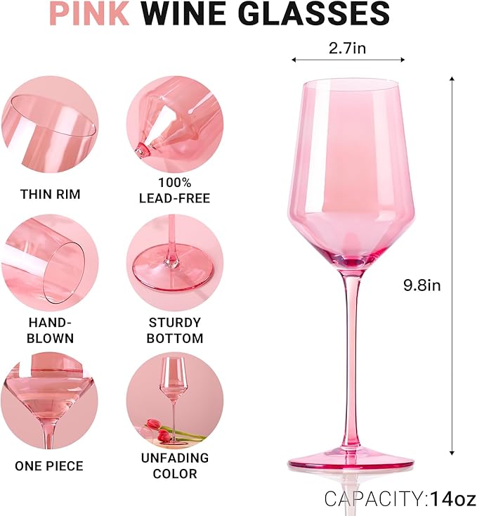 Physkoa Pink Wine Glasses Set of 6-15oz Hand Blown Crystal Colored Wine Glasses with Long Stem, Wedding, Birthday, Christmas Valentines Day Glassware Gifts for Lovers