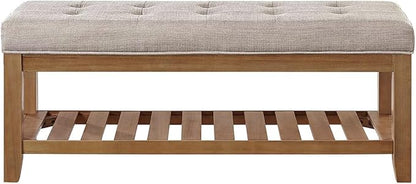 24KF Large Rectangular Upholstered Tufted Linen Fabric Ottoman Bench, Padded Bench with Solid Wood Shelf-Linen