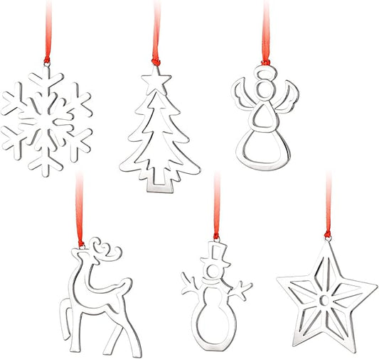 3 Inch Silver Christmas Ornaments - Snowflake, Snowman, Reindeer Hanging Ornaments for Xmas Tree Decoration (Set of 6)