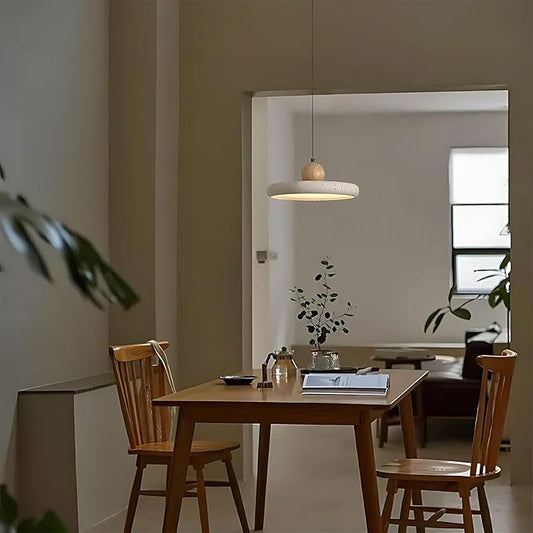 LED Natural Stone Pendant Light with Warm Glow, Modern Minimalist Dome Chandelier, Small Hanging Lamp for Kitchen Island Over Sink Bedroom Dining Room or Tea Room(Rubber Wood)