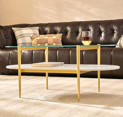 AGV LIGHTING Oval Rectangle Coffee Table with Clear Glass Top, Modern Coffee Table, White Marble MDF Shelf and Glod Metal Legs, Capsule Shape 2 Tier Coffee Table for Living Room, 42 Inch
