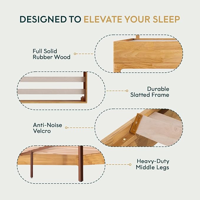 Bme Nipe Bed Frame with Headboard, Bohemian and Mid-Century Modern Style, Solid Rubber Wood Platform Bed with Slat Support, No Box Spring Needed, Easy Assembly, Queen - Light Natural