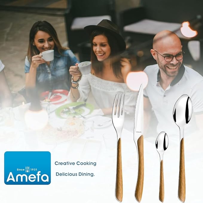 Amefa Natural Wood Handle Silverware Set - 24-Piece, Brown & Casual - Faux Wood Handle Flatware Service for 6 in Polished 18/0 Stainless Steel - Dishwasher Safe & Rust Resistant