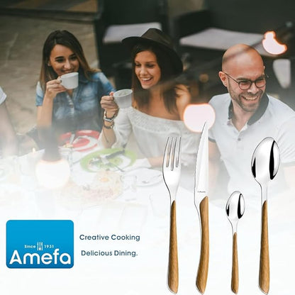 Amefa Natural Wood Handle Silverware Set - 24-Piece, Brown & Casual - Faux Wood Handle Flatware Service for 6 in Polished 18/0 Stainless Steel - Dishwasher Safe & Rust Resistant