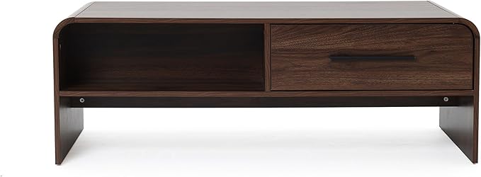 LuxenHome 47” Coffee Table with Storage, Mid-Century Modern Walnut Finish Wood Center Table with 2-Drawer and Open Shelf for Living Room, Accent Cocktail Tables with Safe Rounded Corners
