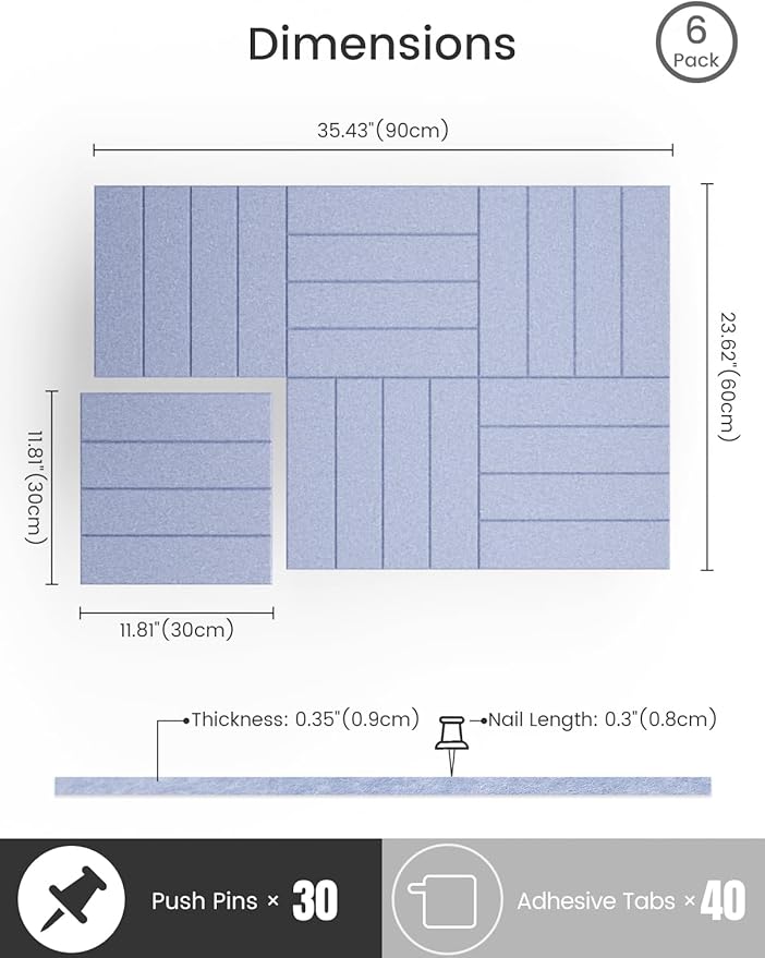 Bumusty Large Cork Board Alternative-36 x24 Felt Bulletin Board Tiles, with 30 Pushpins, 40 Adhesive Tabs, 6-Pack Slat Wall Paneling, Cork Boards for Office Push Pin Board Felt Board-Soft Periwinkle