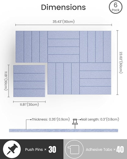 Bumusty Large Cork Board Alternative-36 x24 Felt Bulletin Board Tiles, with 30 Pushpins, 40 Adhesive Tabs, 6-Pack Slat Wall Paneling, Cork Boards for Office Push Pin Board Felt Board-Soft Periwinkle