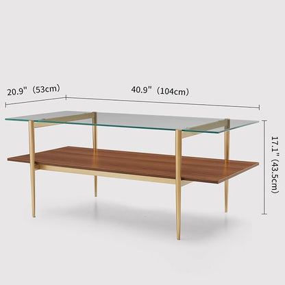 Rectangle Coffee Table, Mid-Century Modern Design, L41 W21 x H17, for Living Room, 2-Tier Structure, Clear Glass Top and Walnut MDF Shelf, Sleek Conical Metal Legs with Gold Finish