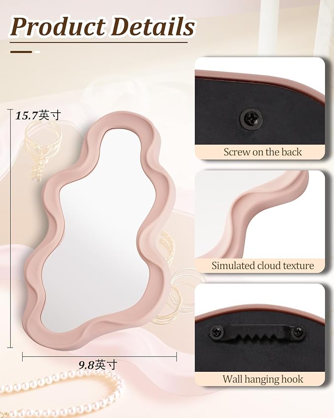 Funky Small Decorative Wall Mirror - Pink Asymmetrical Wavy Design,Hanging Mirror for Bedroom, Bathroom Entryway Modern Irregular Squiggly Shape,Compact Size, Easy Install