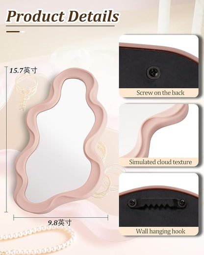 Funky Small Decorative Wall Mirror - Pink Asymmetrical Wavy Design,Hanging Mirror for Bedroom, Bathroom Entryway Modern Irregular Squiggly Shape,Compact Size, Easy Install