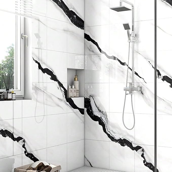 10pcs Marble Peel and Stick Backsplash Waterproof Washroom Wall Panels, Peel and Stick Tile, PVC Foam Wall Panels for Kitchen,Bathroom,living room,White and Black(Not Real Tile,11.8" x 11.8")