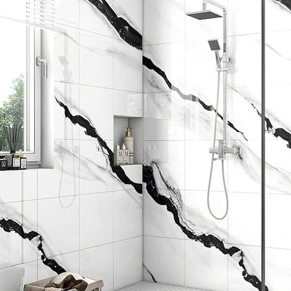 10pcs Marble Peel and Stick Backsplash Waterproof Washroom Wall Panels, Peel and Stick Tile, PVC Foam Wall Panels for Kitchen,Bathroom,living room,White and Black(Not Real Tile,11.8" x 11.8")