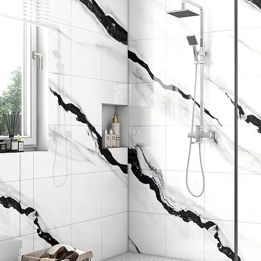 10pcs Marble Peel and Stick Backsplash Waterproof Washroom Wall Panels, Peel and Stick Tile, PVC Foam Wall Panels for Kitchen,Bathroom,living room,White and Black(Not Real Tile,11.8" x 11.8")