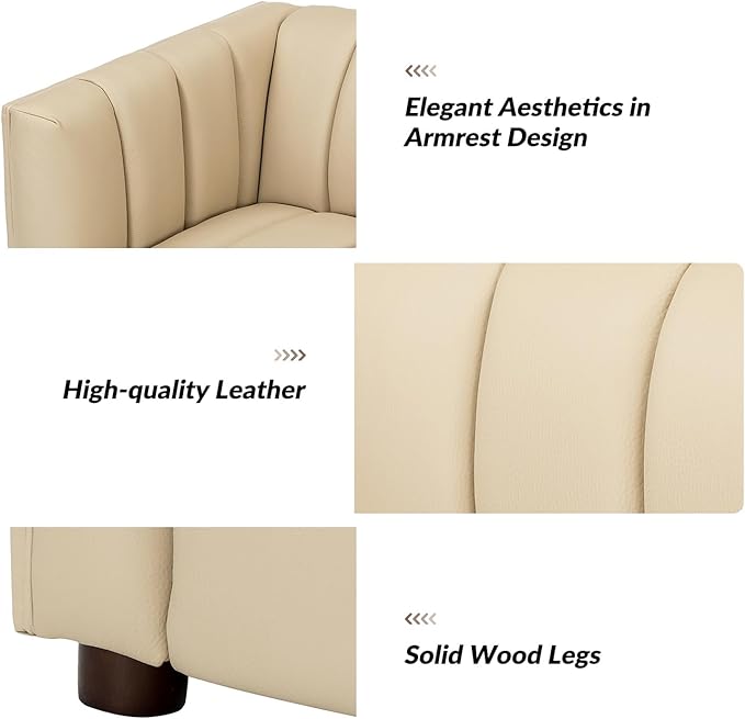 HULALA HOME 83" Genuine Leather Sofa with Channel Tufted Design, 3-Seater Sofa for Living Room Bedroom, Modern Oversized Couch with Wood Legs, Beige