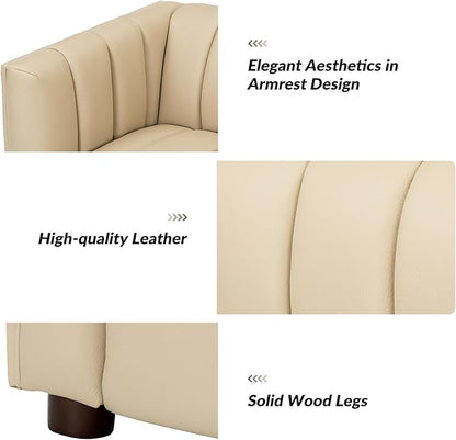 HULALA HOME 83" Genuine Leather Sofa with Channel Tufted Design, 3-Seater Sofa for Living Room Bedroom, Modern Oversized Couch with Wood Legs, Beige